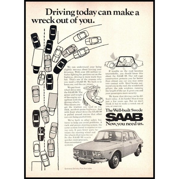 1971 Saab 99 Sedan Vintage Print Ad Rush House Traffic Swedish Sweden Wall Art - Picture 1 of 1